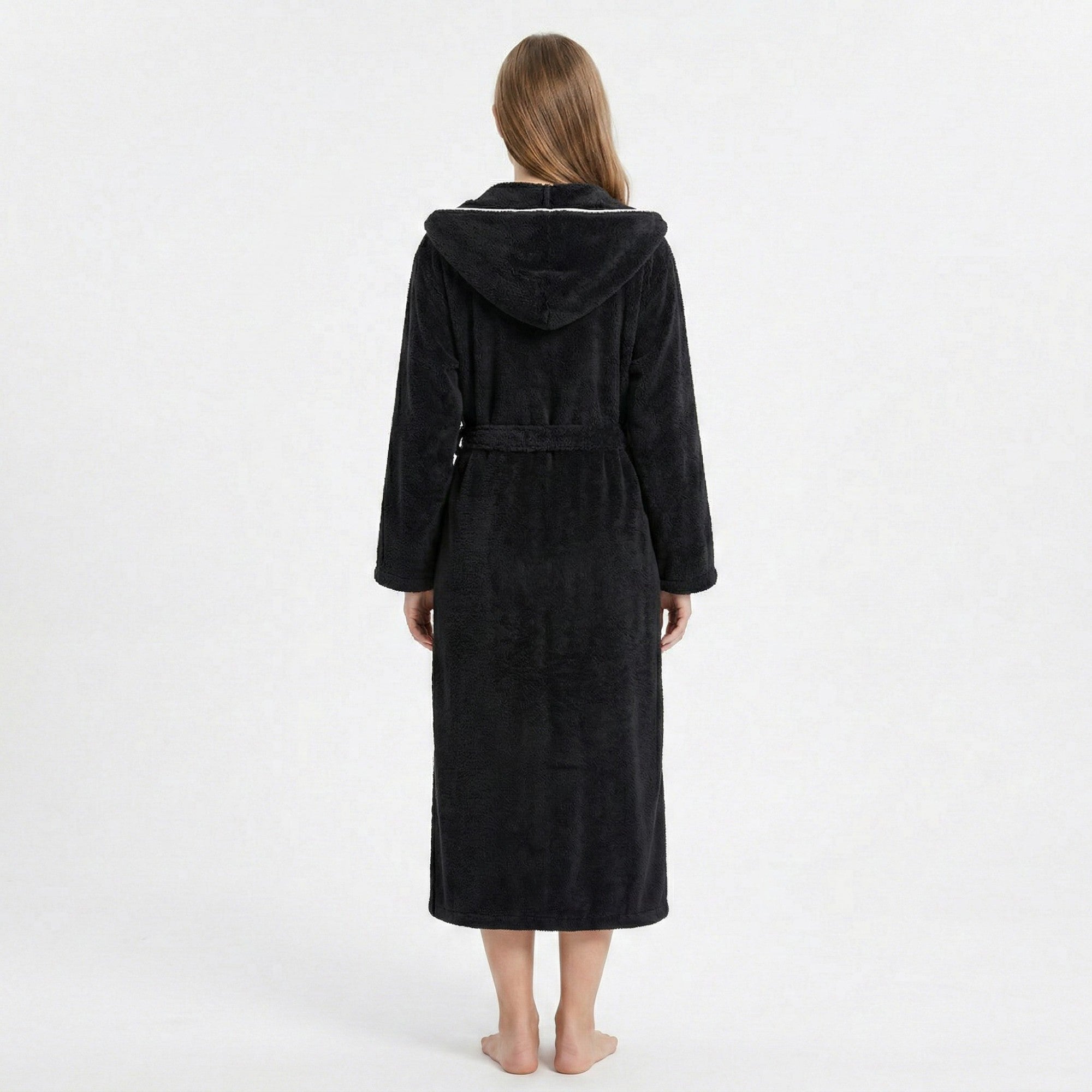 Anna-Kaci Women's Plush Hooded Long Bathrobe with Full Length Wrap Design Adjustable Waist Tie Contrast Trim