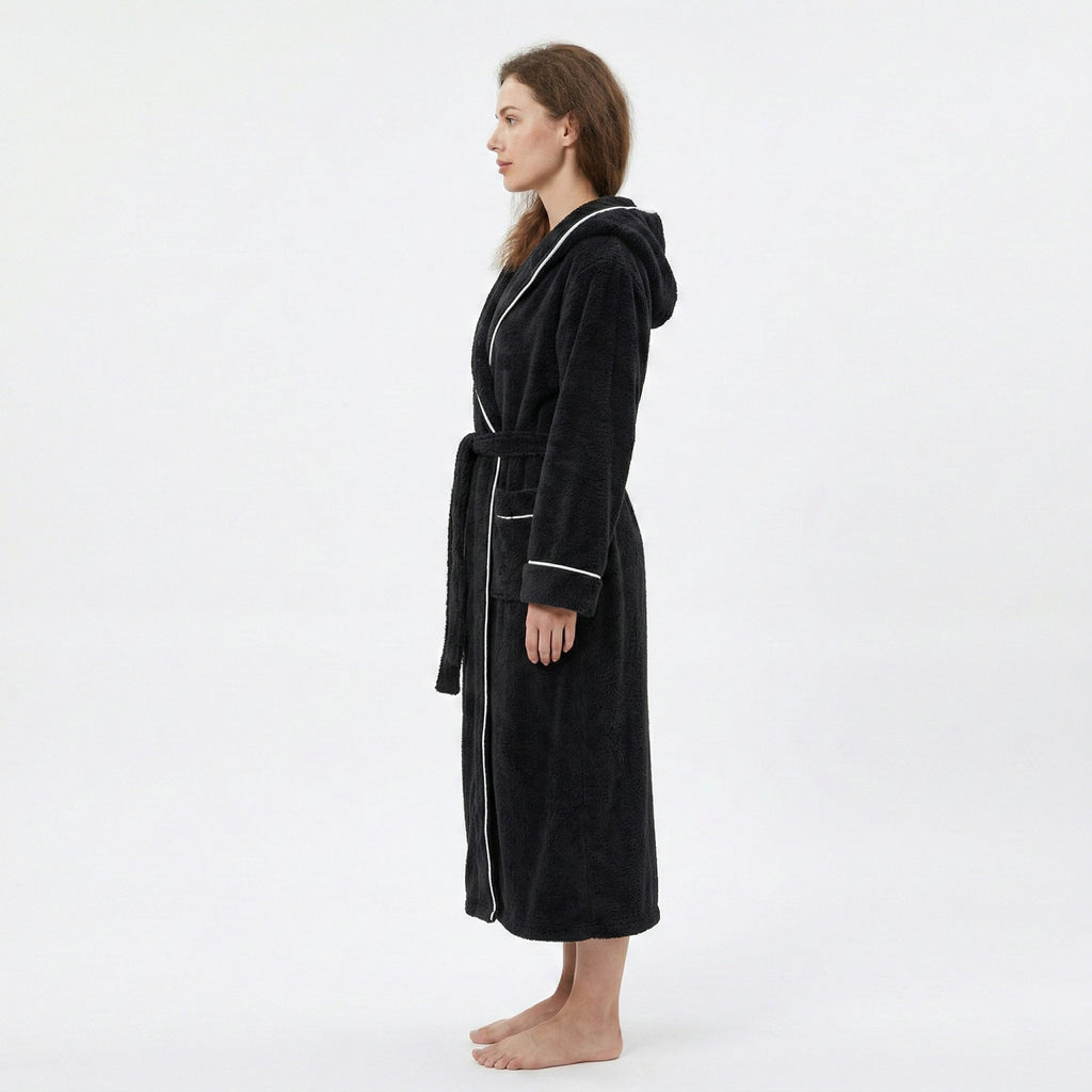Anna-Kaci Women's Plush Hooded Long Bathrobe with Full Length Wrap Design Adjustable Waist Tie Contrast Trim