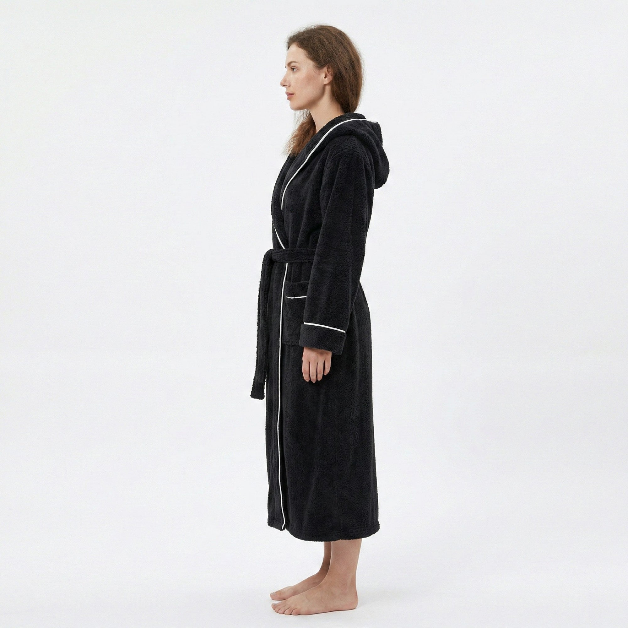 Anna-Kaci Women's Plush Hooded Long Bathrobe with Full Length Wrap Design Adjustable Waist Tie Contrast Trim