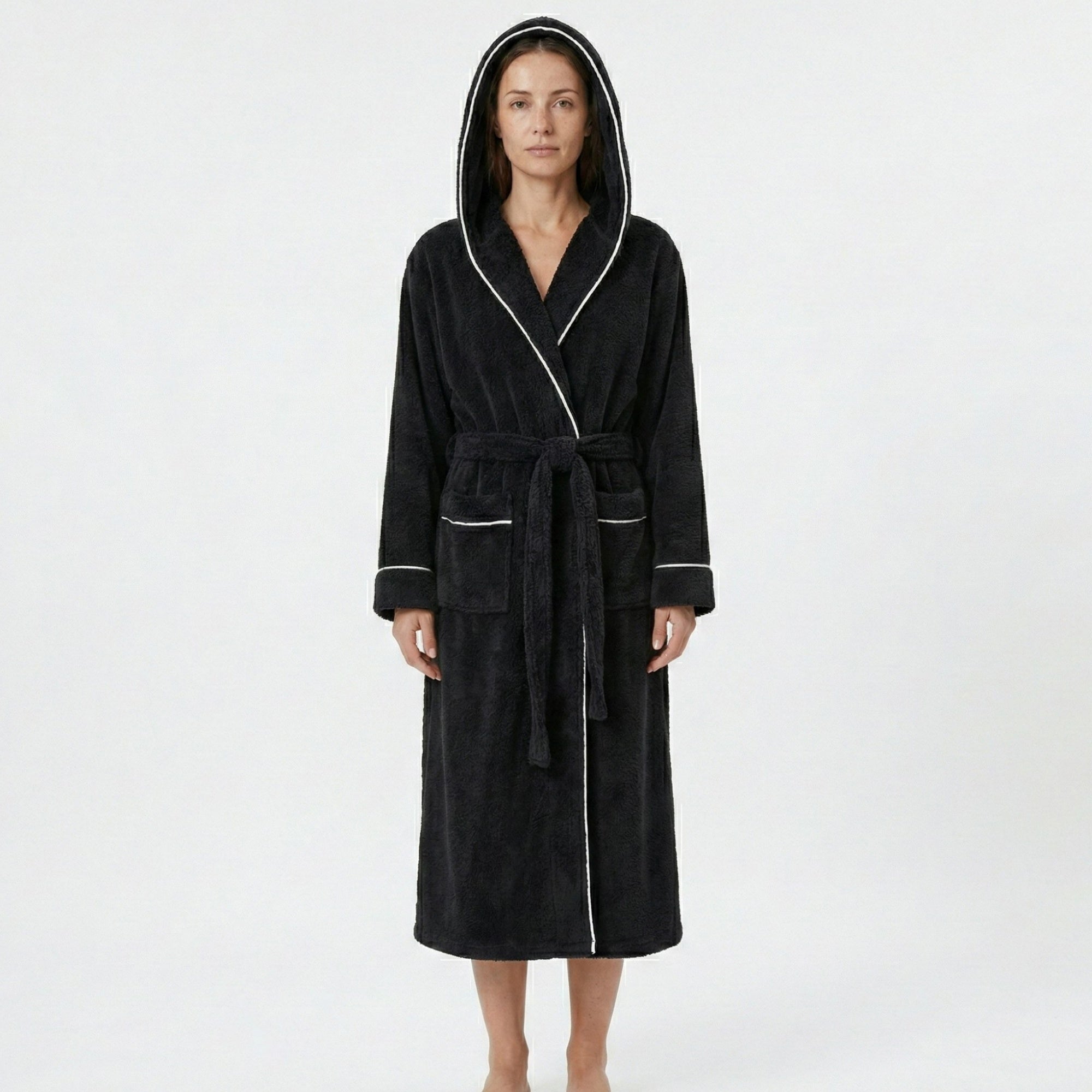 Anna-Kaci Women's Plush Hooded Long Bathrobe with Full Length Wrap Design Adjustable Waist Tie Contrast Trim