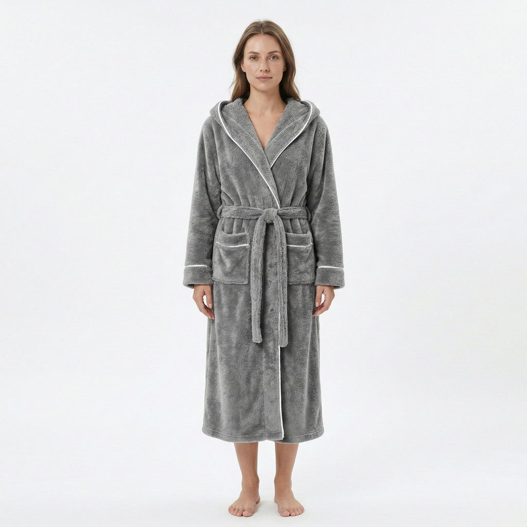 Anna-Kaci Women's Plush Hooded Long Bathrobe with Full Length Wrap Design Adjustable Waist Tie Contrast Trim