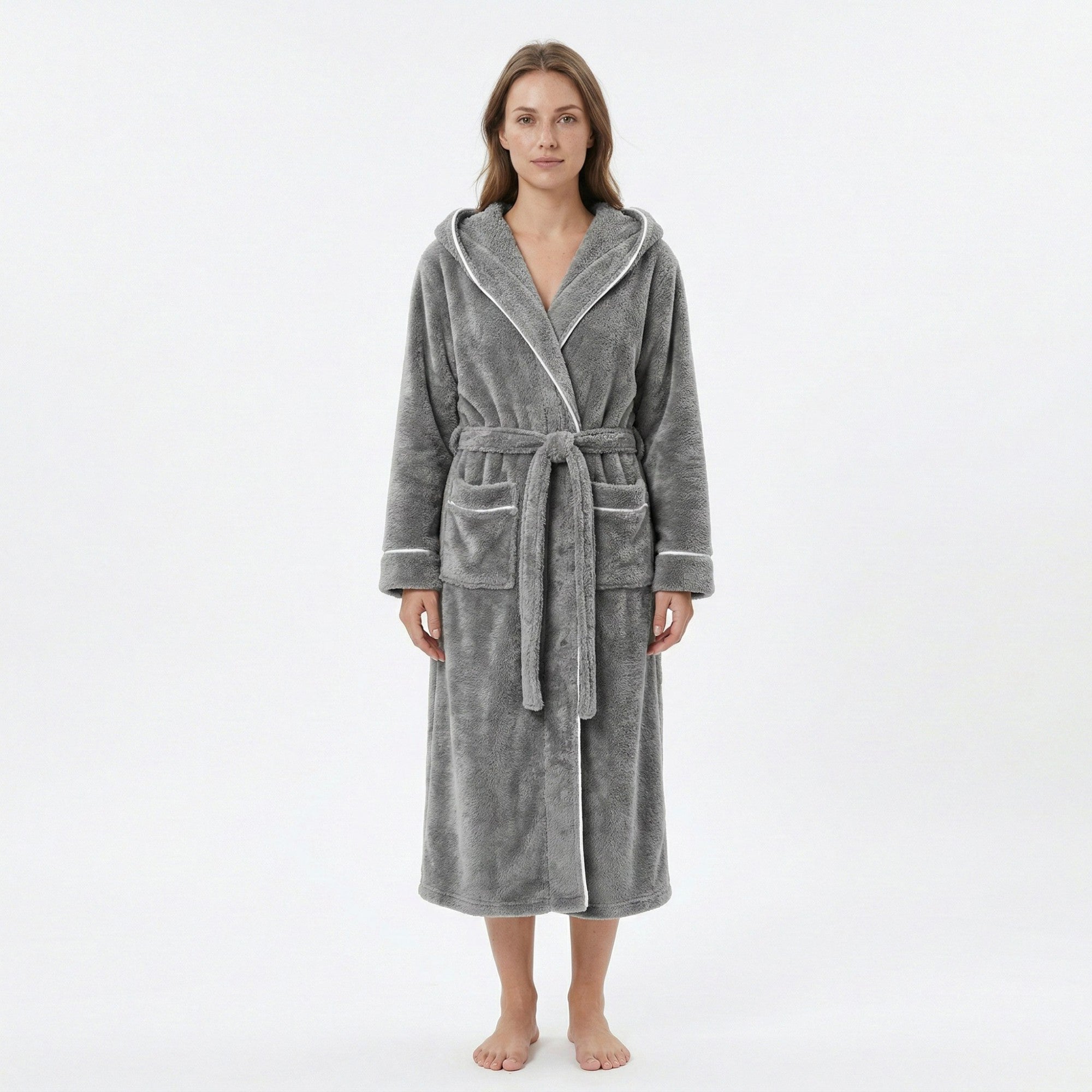Anna-Kaci Women's Plush Hooded Long Bathrobe with Full Length Wrap Design Adjustable Waist Tie Contrast Trim