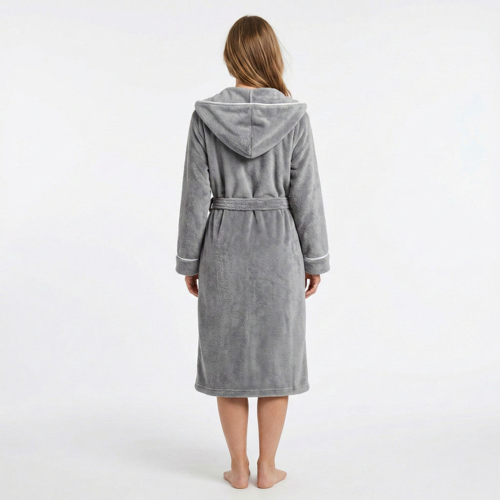 Anna-Kaci Women's Plush Hooded Long Bathrobe with Full Length Wrap Design Adjustable Waist Tie Contrast Trim