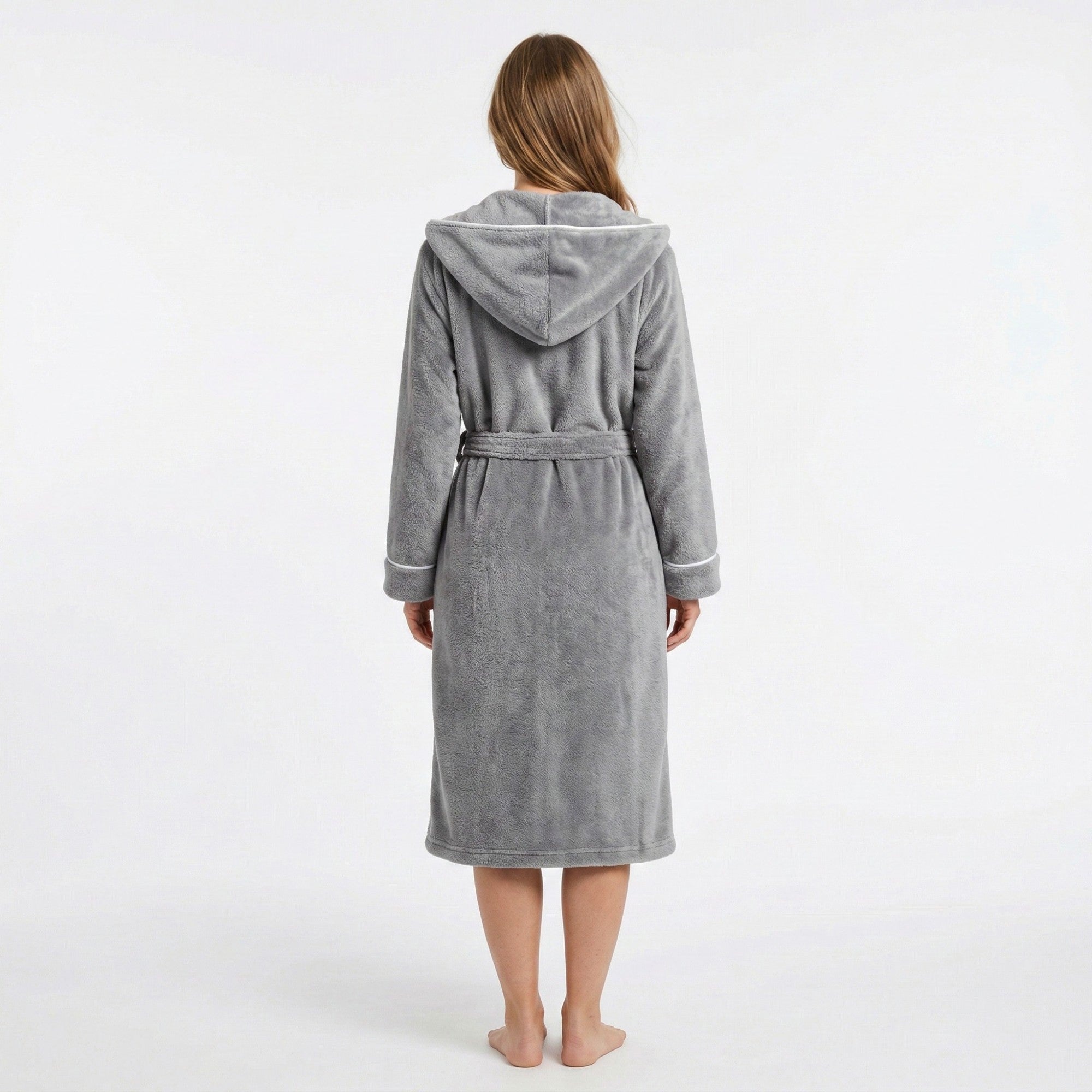 Anna-Kaci Women's Plush Hooded Long Bathrobe with Full Length Wrap Design Adjustable Waist Tie Contrast Trim