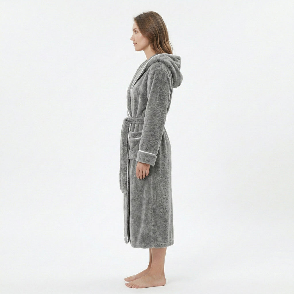 Anna-Kaci Women's Plush Hooded Long Bathrobe with Full Length Wrap Design Adjustable Waist Tie Contrast Trim