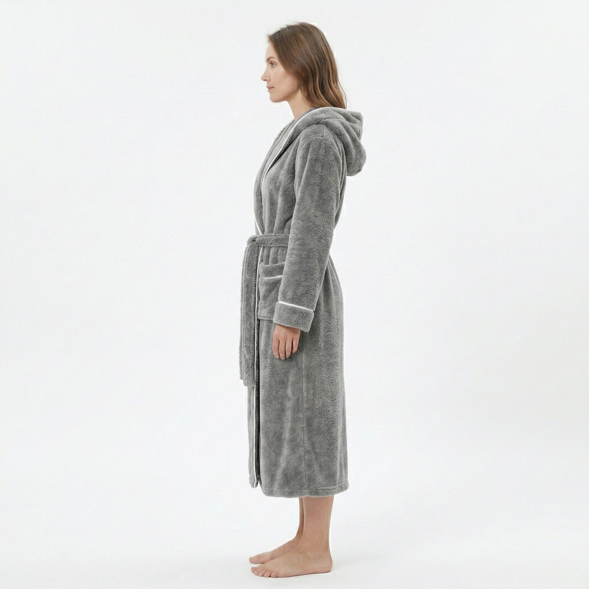 Anna-Kaci Women's Plush Hooded Long Bathrobe with Full Length Wrap Design Adjustable Waist Tie Contrast Trim