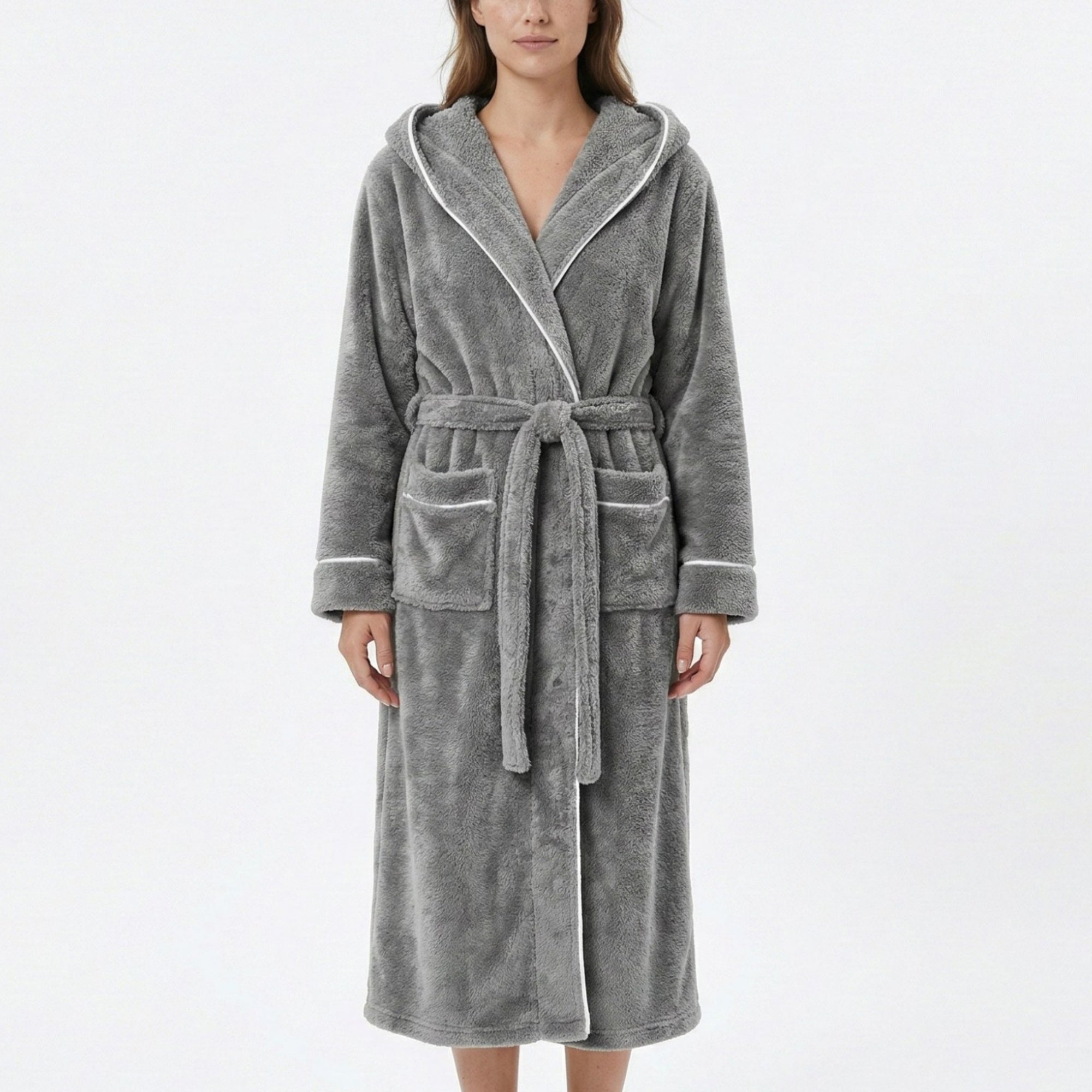 Anna-Kaci Women's Plush Hooded Long Bathrobe with Full Length Wrap Design Adjustable Waist Tie Contrast Trim