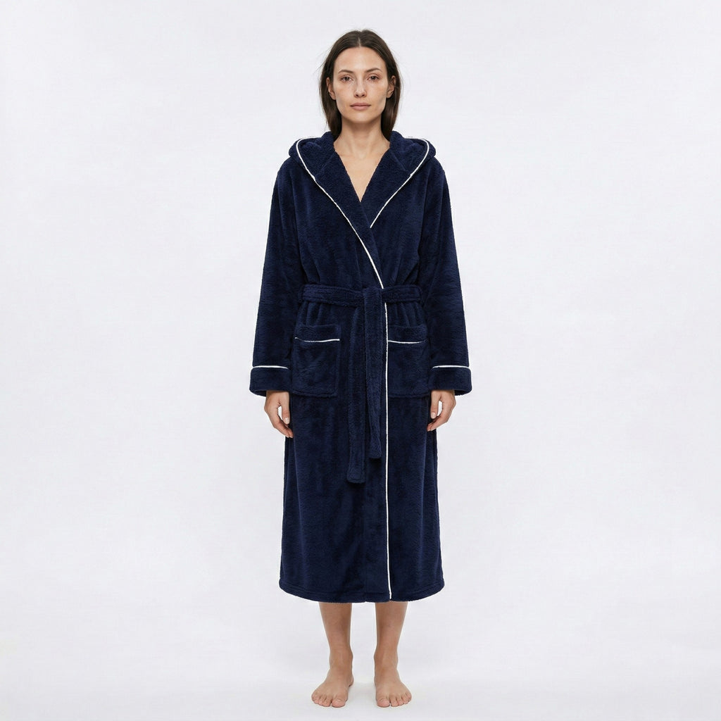 Anna-Kaci Women's Plush Hooded Long Bathrobe with Full Length Wrap Design Adjustable Waist Tie Contrast Trim