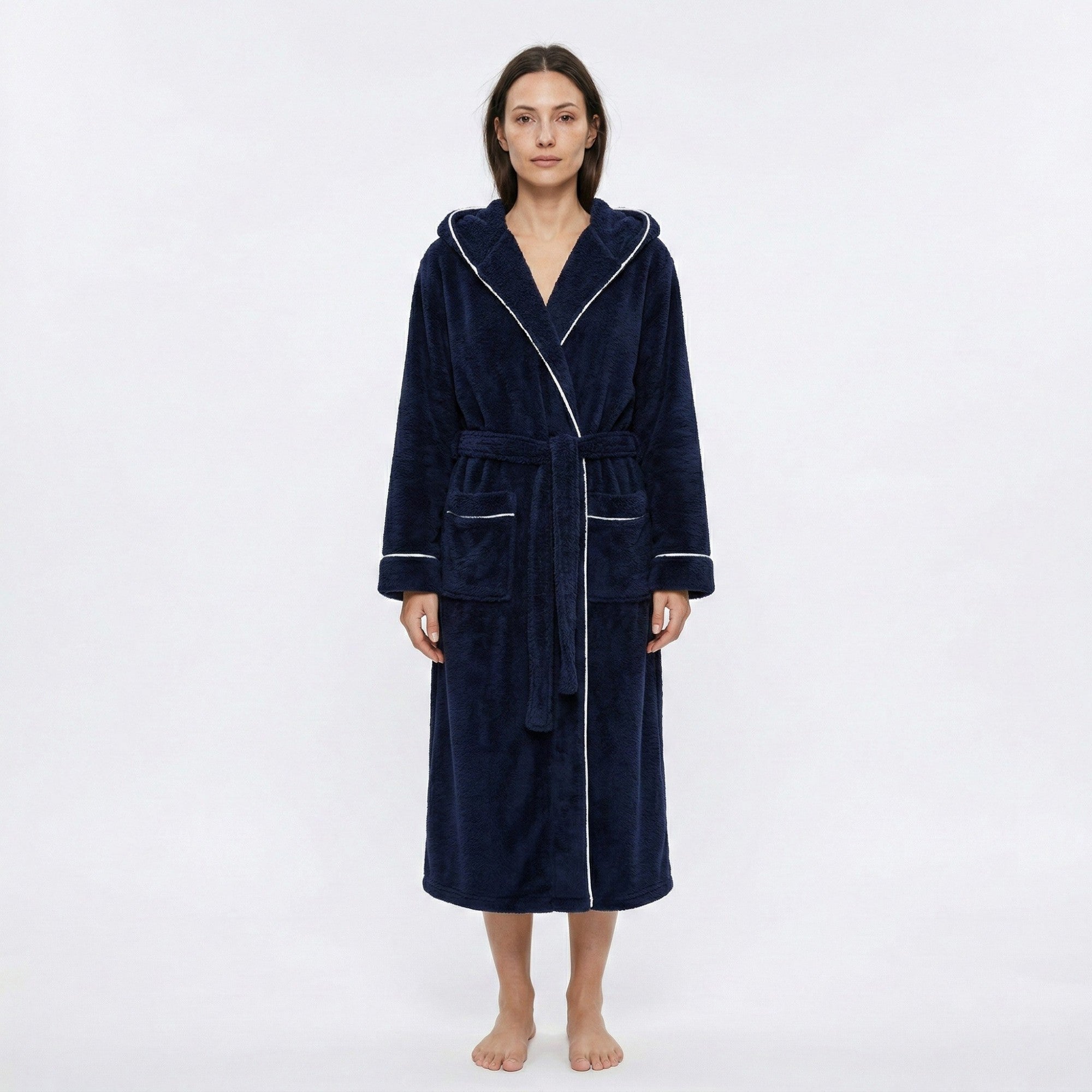 Anna-Kaci Women's Plush Hooded Long Bathrobe with Full Length Wrap Design Adjustable Waist Tie Contrast Trim