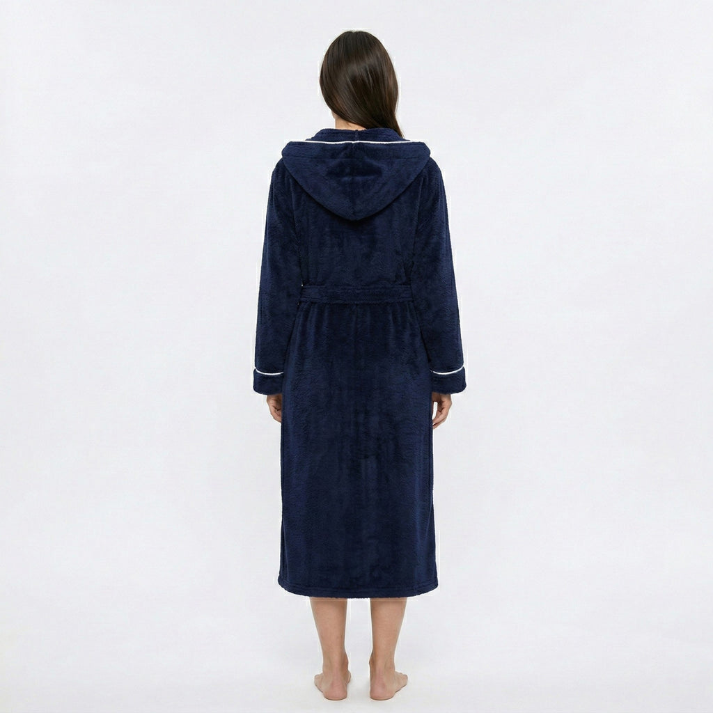 Anna-Kaci Women's Plush Hooded Long Bathrobe with Full Length Wrap Design Adjustable Waist Tie Contrast Trim