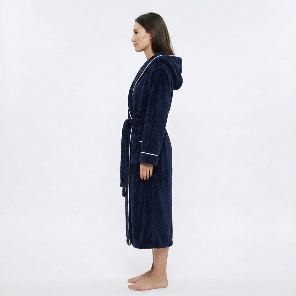 Anna-Kaci Women's Plush Hooded Long Bathrobe with Full Length Wrap Design Adjustable Waist Tie Contrast Trim