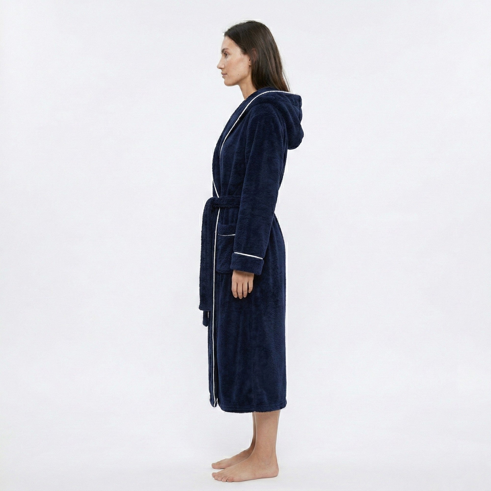 Anna-Kaci Women's Plush Hooded Long Bathrobe with Full Length Wrap Design Adjustable Waist Tie Contrast Trim