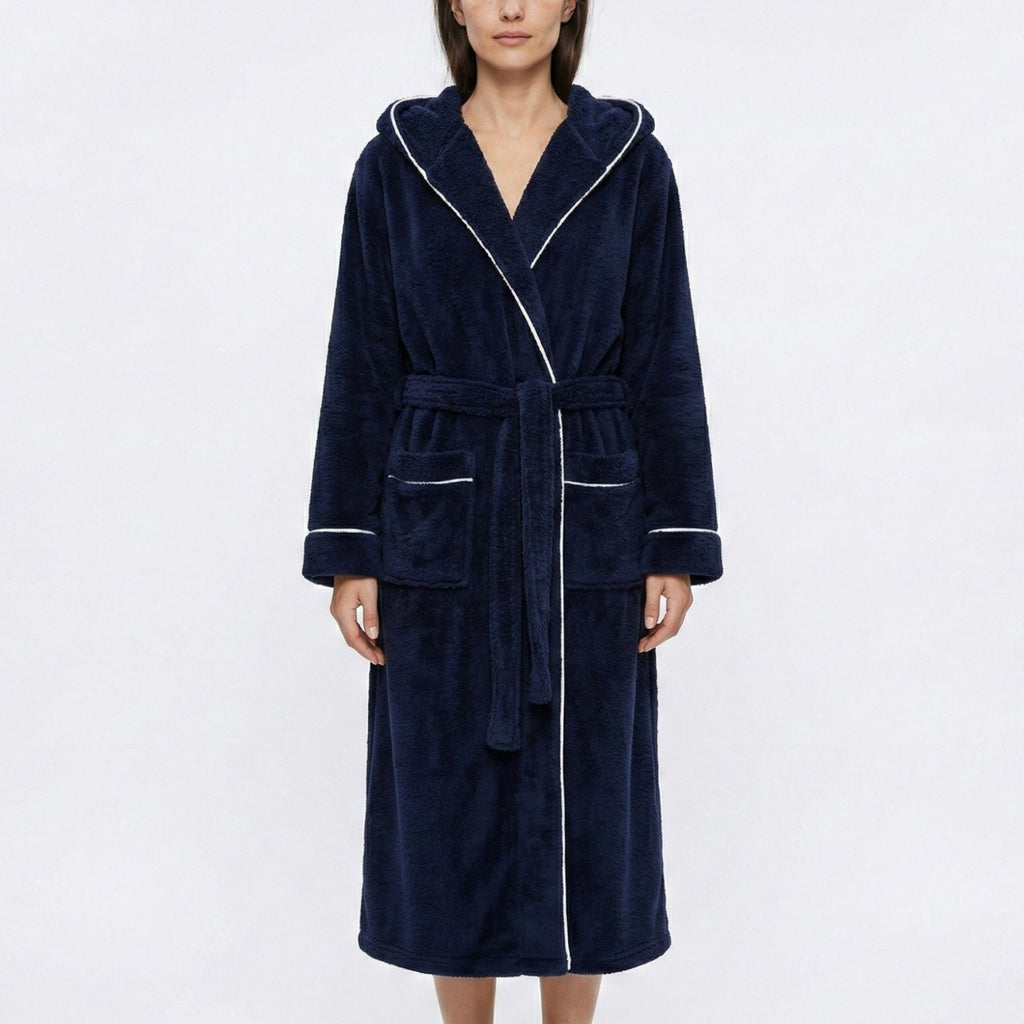 Anna-Kaci Women's Plush Hooded Long Bathrobe with Full Length Wrap Design Adjustable Waist Tie Contrast Trim