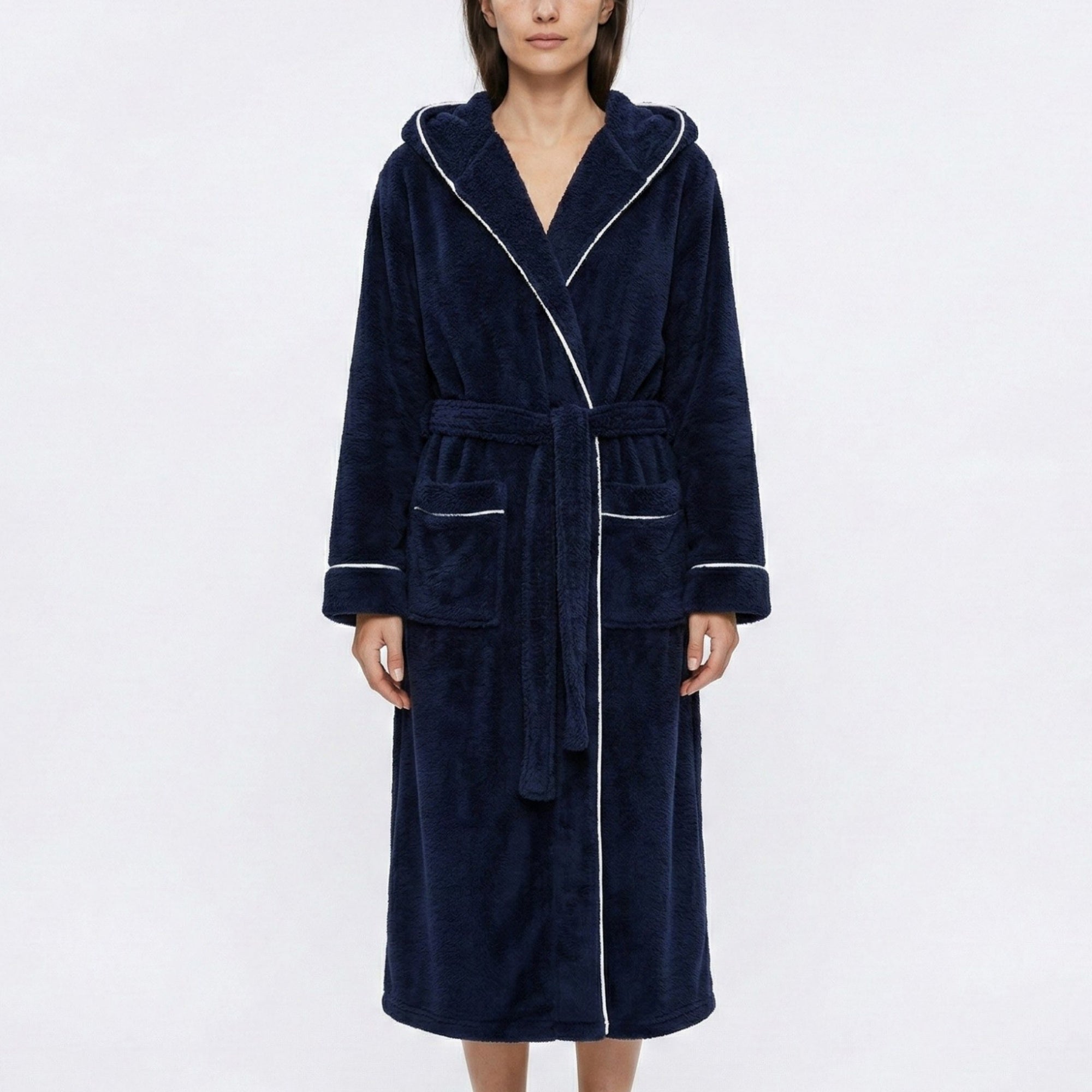 Anna-Kaci Women's Plush Hooded Long Bathrobe with Full Length Wrap Design Adjustable Waist Tie Contrast Trim