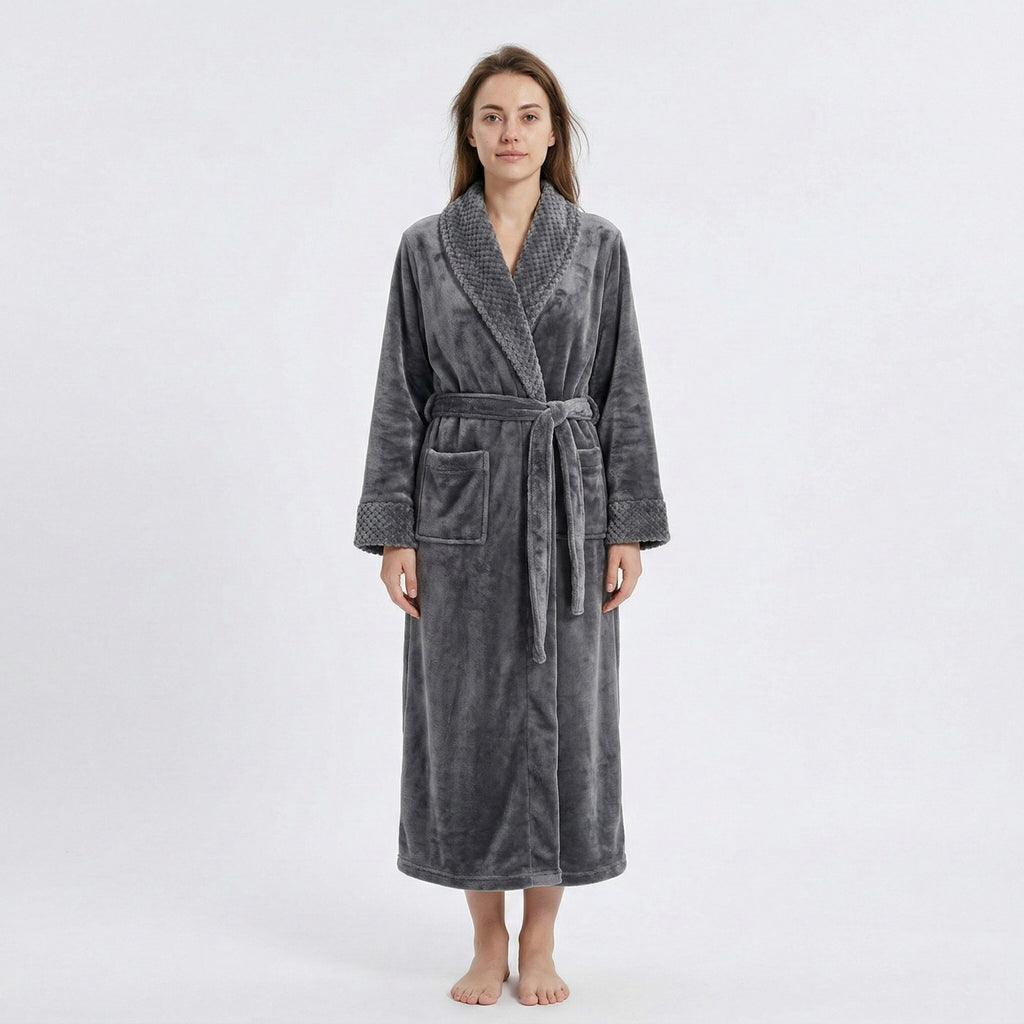 Anna-Kaci Plush Long Sleeve Shawl Collar Bathrobe with Waist Tie Belt and Front Patch Pockets