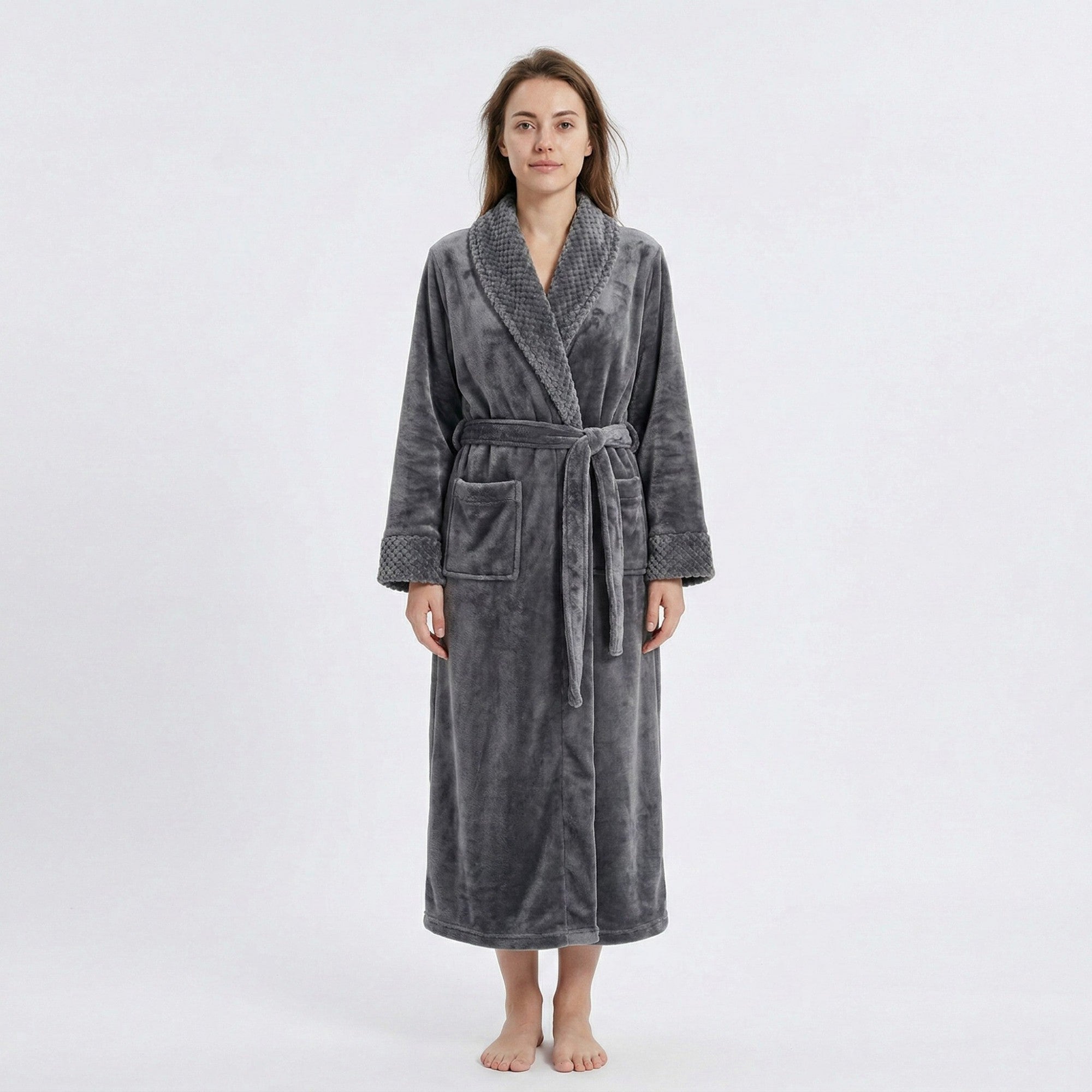 Anna-Kaci Plush Long Sleeve Shawl Collar Bathrobe with Waist Tie Belt and Front Patch Pockets