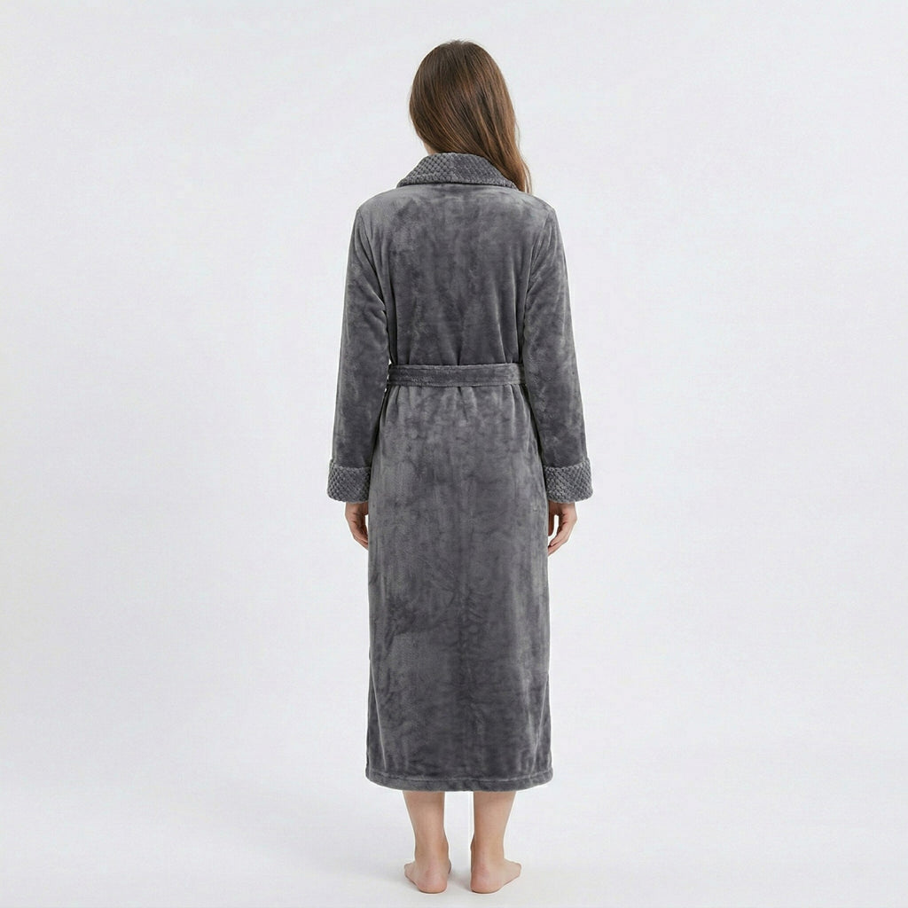 Anna-Kaci Plush Long Sleeve Shawl Collar Bathrobe with Waist Tie Belt and Front Patch Pockets