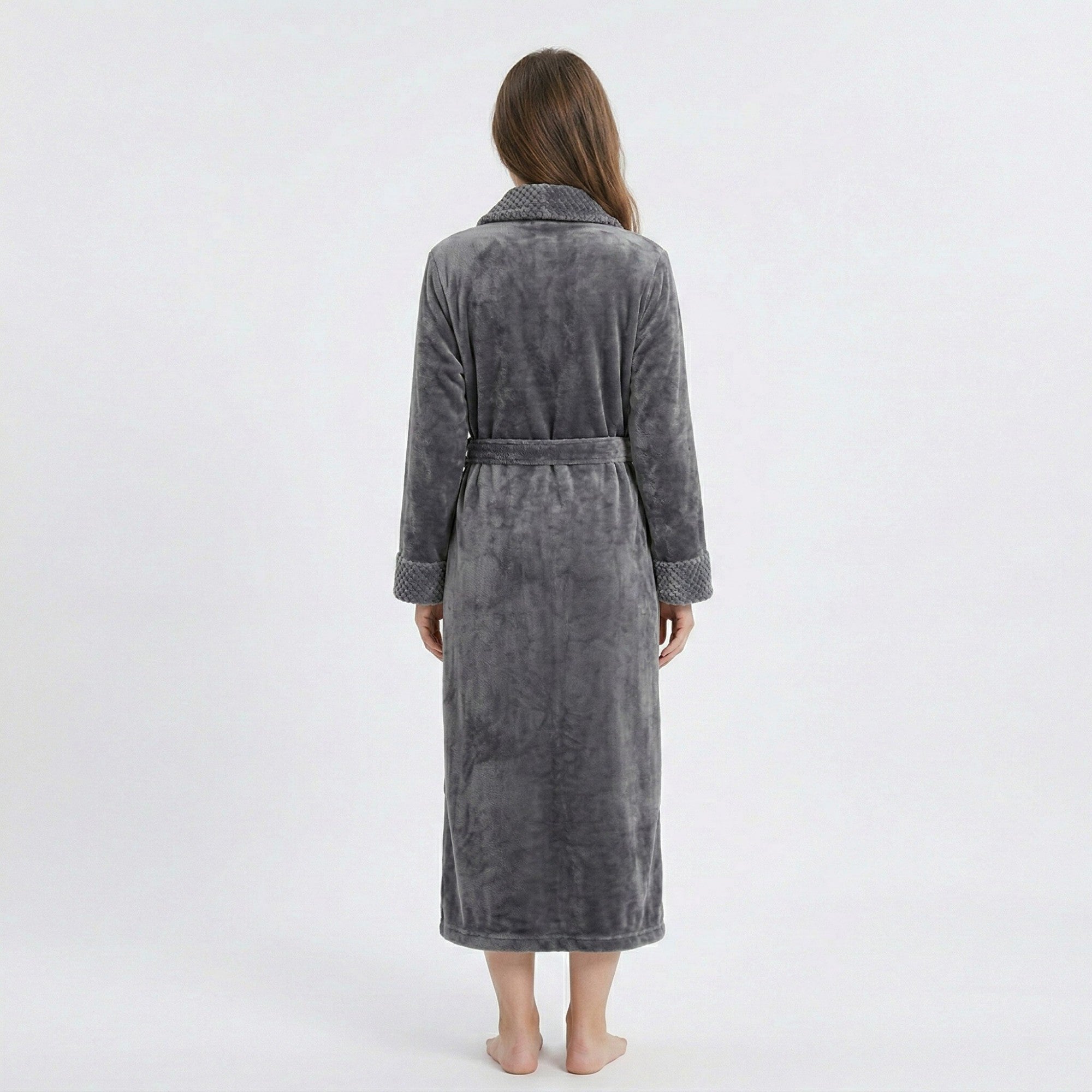 Anna-Kaci Plush Long Sleeve Shawl Collar Bathrobe with Waist Tie Belt and Front Patch Pockets