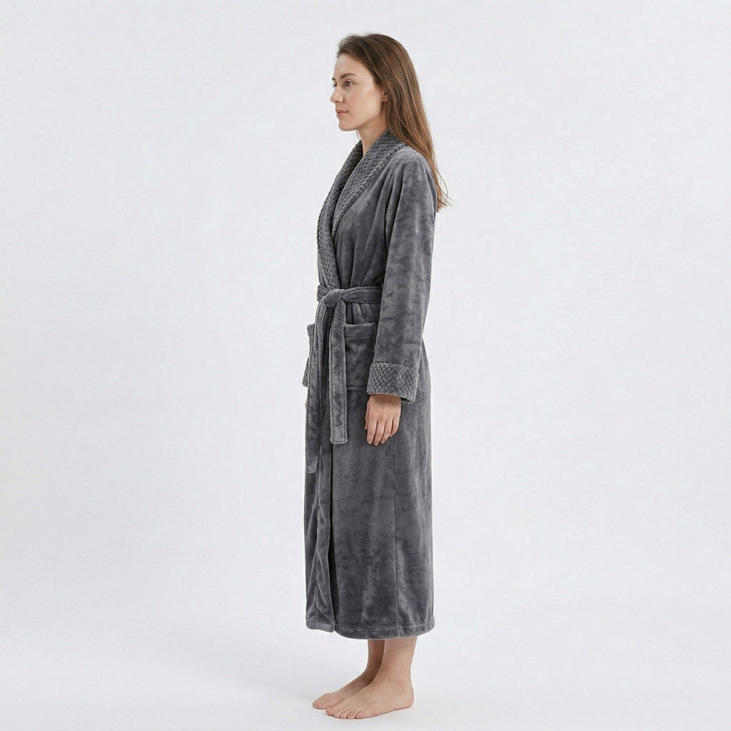 Anna-Kaci Plush Long Sleeve Shawl Collar Bathrobe with Waist Tie Belt and Front Patch Pockets