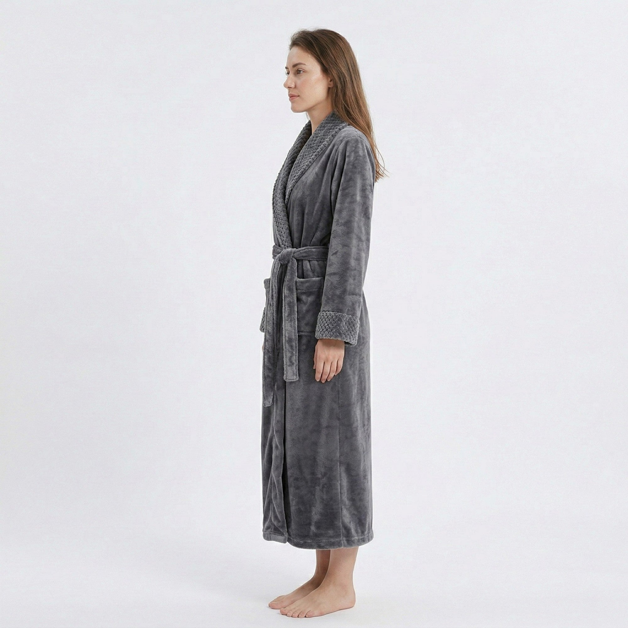 Anna-Kaci Plush Long Sleeve Shawl Collar Bathrobe with Waist Tie Belt and Front Patch Pockets