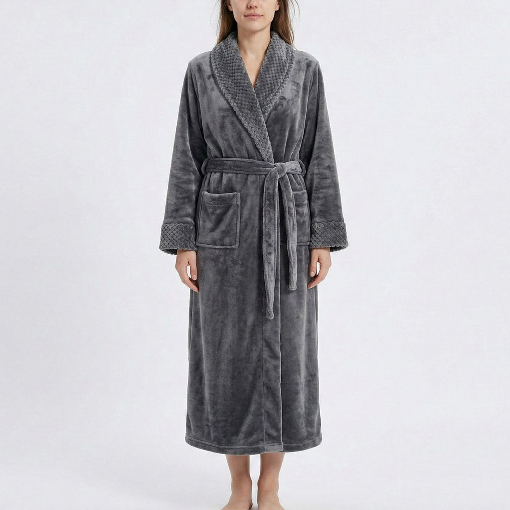 Anna-Kaci Plush Long Sleeve Shawl Collar Bathrobe with Waist Tie Belt and Front Patch Pockets
