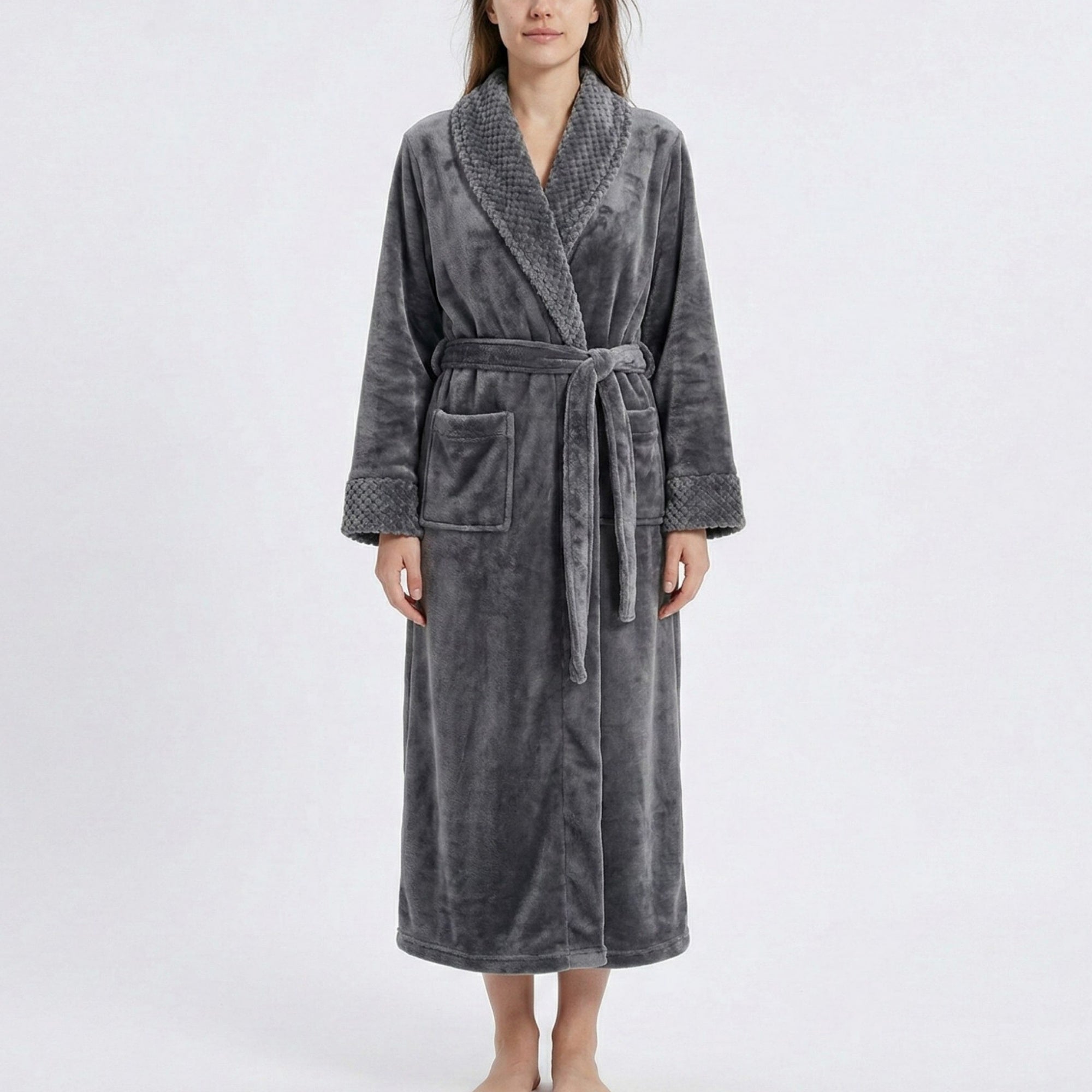 Anna-Kaci Plush Long Sleeve Shawl Collar Bathrobe with Waist Tie Belt and Front Patch Pockets