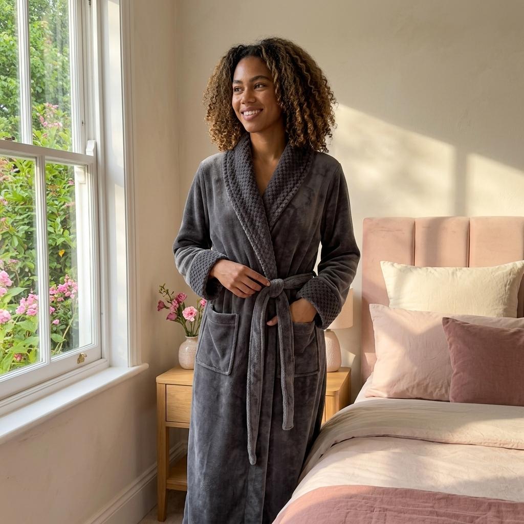 Plush Long Sleeve Shawl Collar Bathrobe with Waist Tie Belt and Front Patch Pockets
