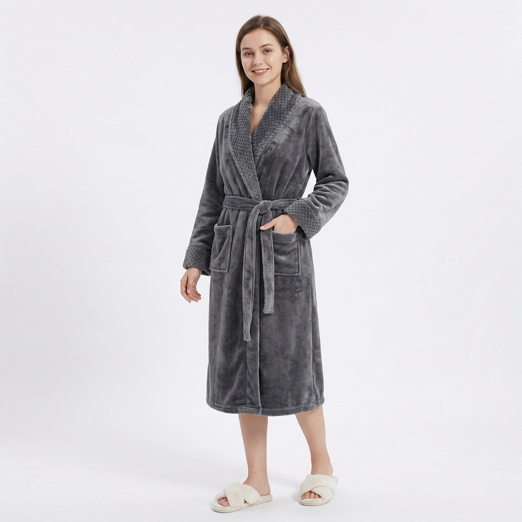 Plush Long Sleeve Shawl Collar Bathrobe with Waist Tie Belt and Front Patch Pockets