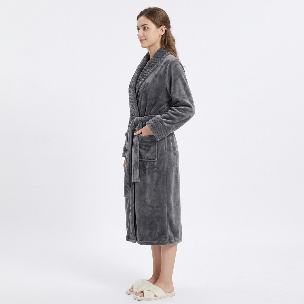 Plush Long Sleeve Shawl Collar Bathrobe with Waist Tie Belt and Front Patch Pockets