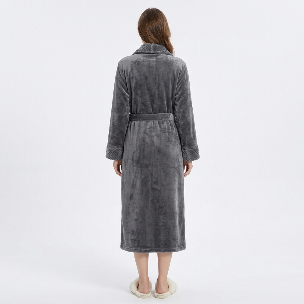 Plush Long Sleeve Shawl Collar Bathrobe with Waist Tie Belt and Front Patch Pockets
