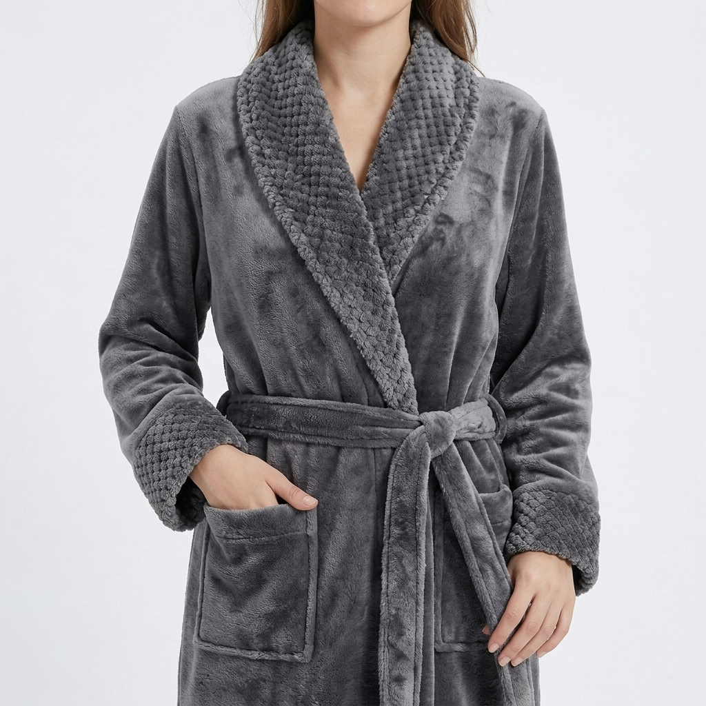 Plush Long Sleeve Shawl Collar Bathrobe with Waist Tie Belt and Front Patch Pockets