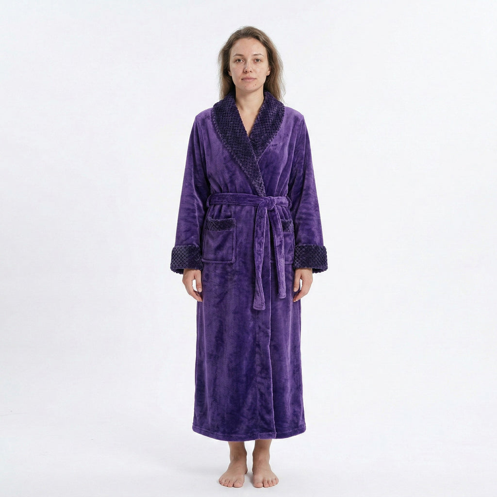 Anna-Kaci Plush Long Sleeve Shawl Collar Bathrobe with Waist Tie Belt and Front Patch Pockets
