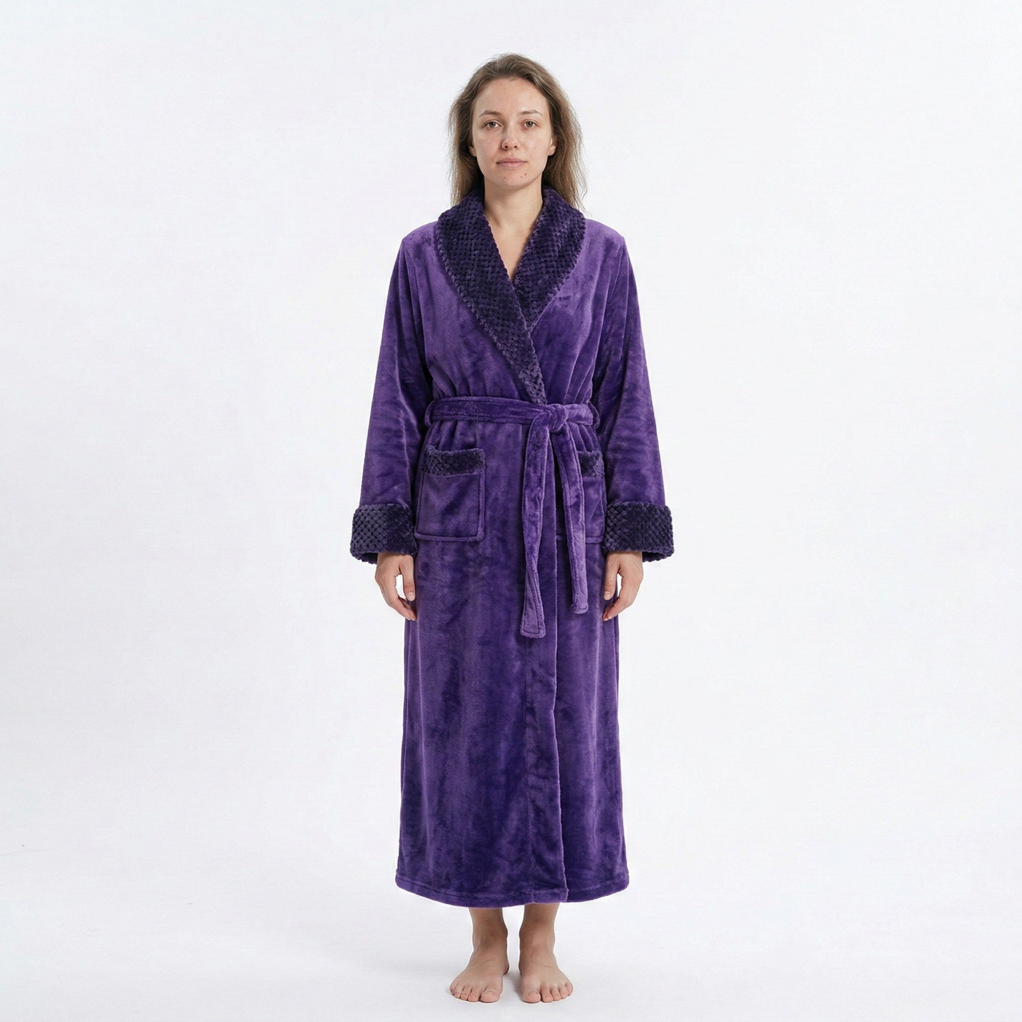 Anna-Kaci Plush Long Sleeve Shawl Collar Bathrobe with Waist Tie Belt and Front Patch Pockets
