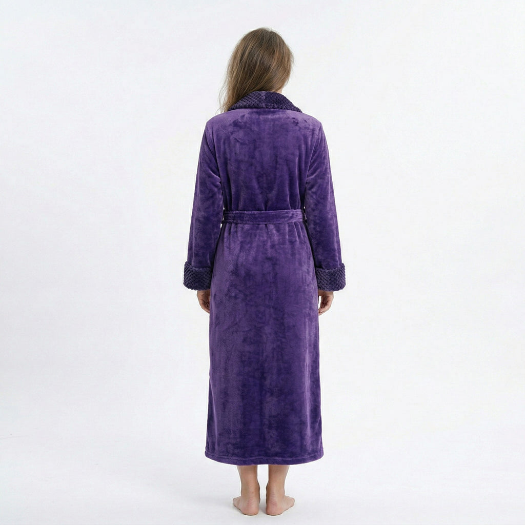 Anna-Kaci Plush Long Sleeve Shawl Collar Bathrobe with Waist Tie Belt and Front Patch Pockets