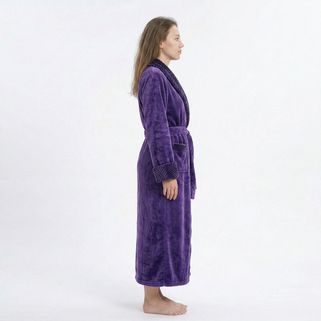 Anna-Kaci Plush Long Sleeve Shawl Collar Bathrobe with Waist Tie Belt and Front Patch Pockets