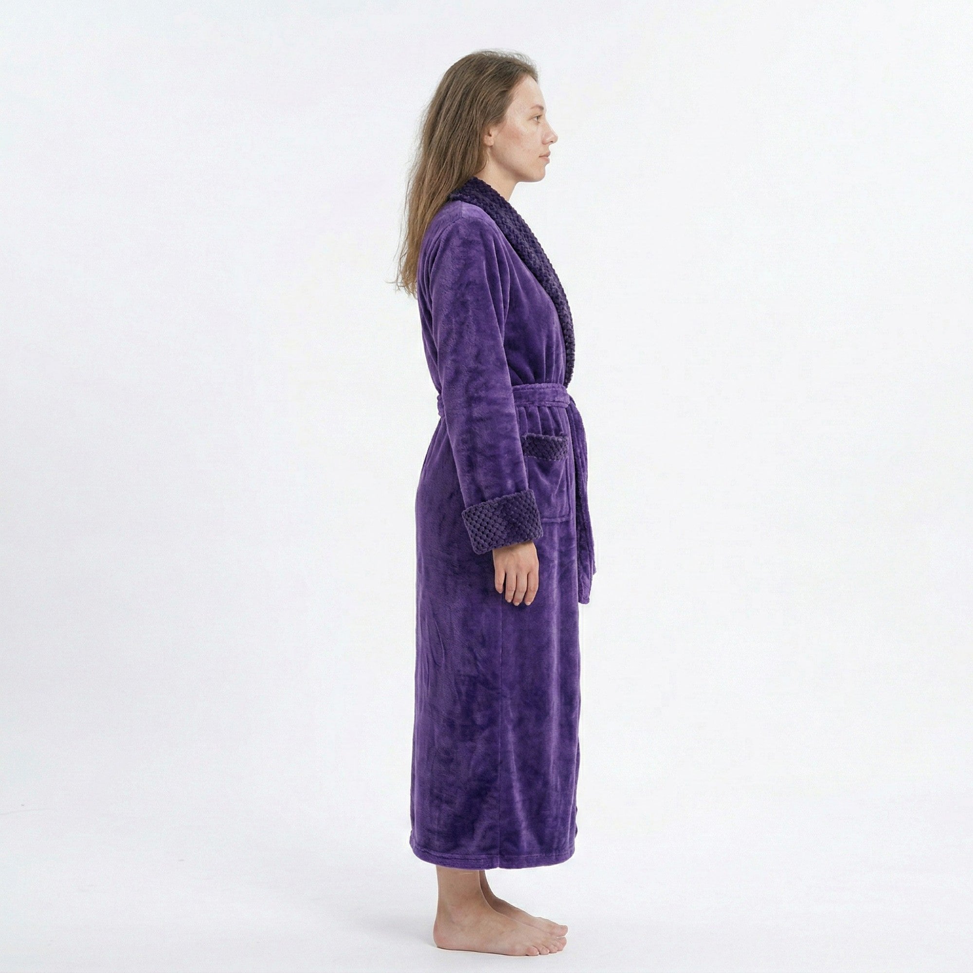 Anna-Kaci Plush Long Sleeve Shawl Collar Bathrobe with Waist Tie Belt and Front Patch Pockets