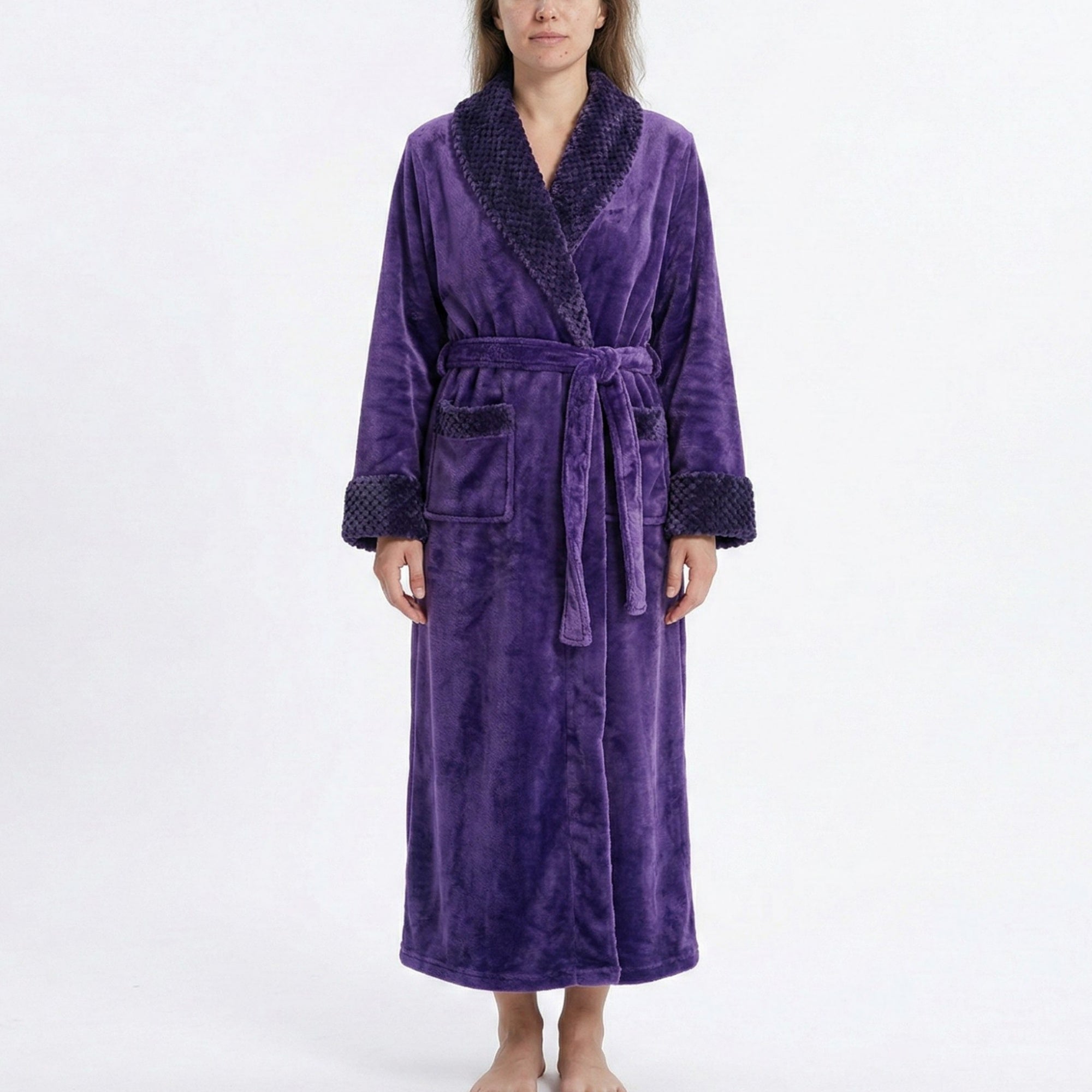 Anna-Kaci Plush Long Sleeve Shawl Collar Bathrobe with Waist Tie Belt and Front Patch Pockets