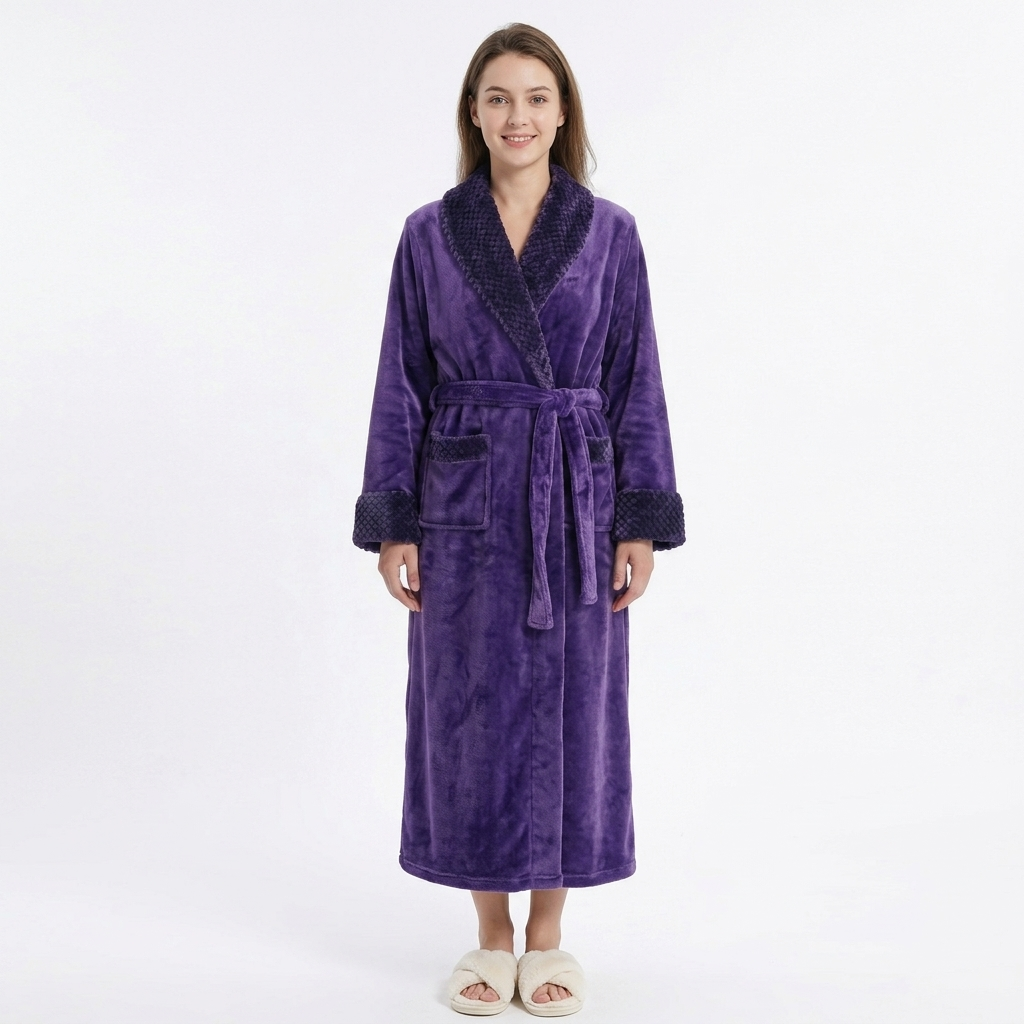 Plush Long Sleeve Shawl Collar Bathrobe with Waist Tie Belt and Front Patch Pockets