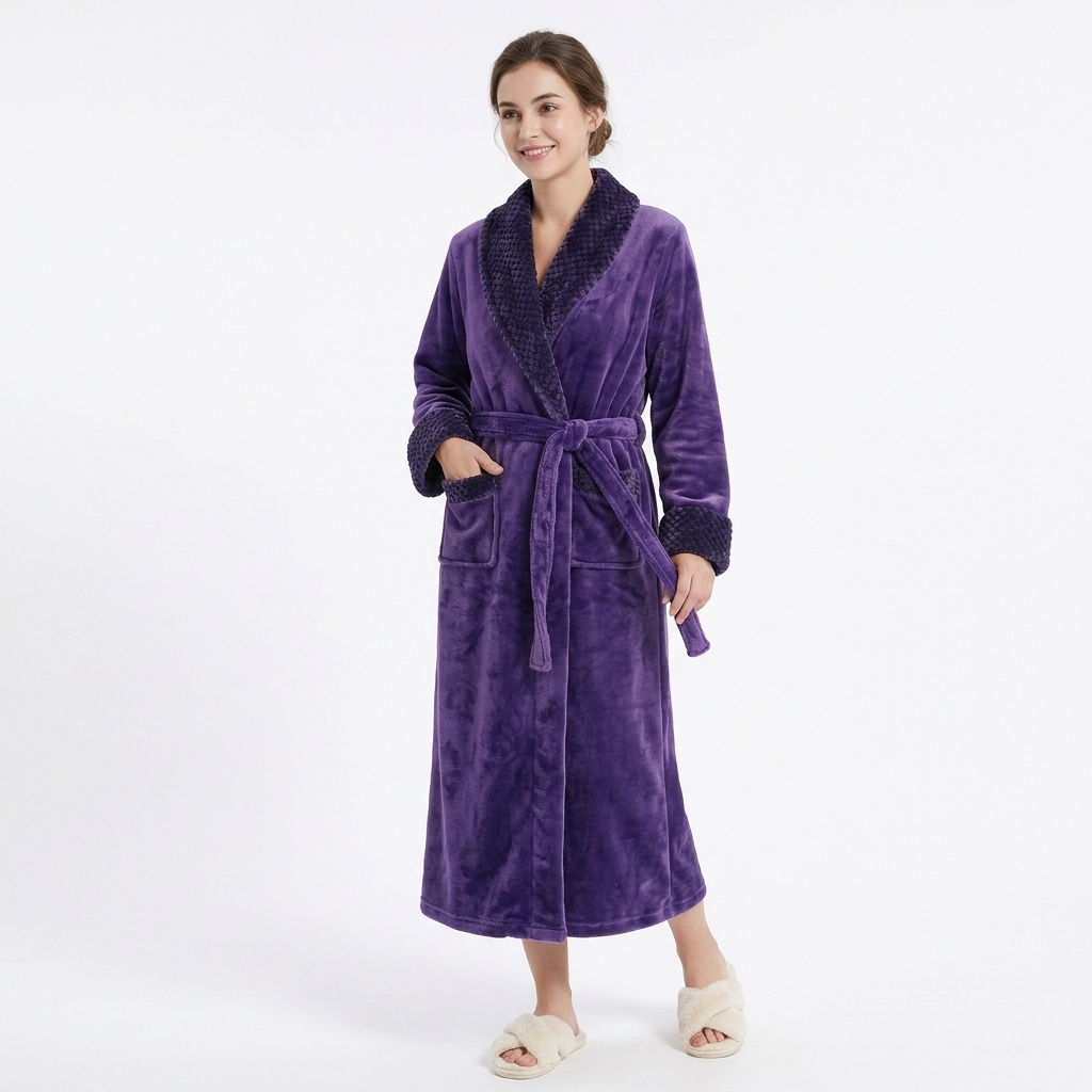 Plush Long Sleeve Shawl Collar Bathrobe with Waist Tie Belt and Front Patch Pockets