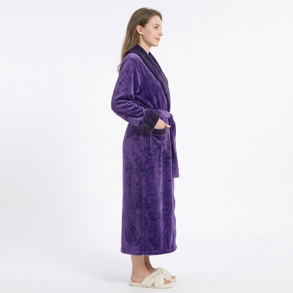 Plush Long Sleeve Shawl Collar Bathrobe with Waist Tie Belt and Front Patch Pockets