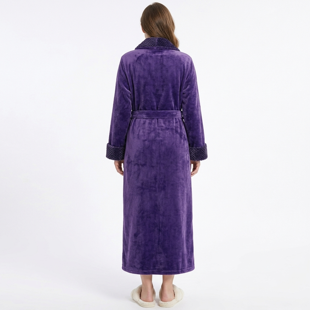 Plush Long Sleeve Shawl Collar Bathrobe with Waist Tie Belt and Front Patch Pockets