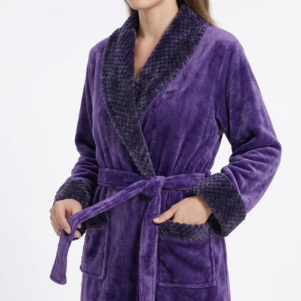 Plush Long Sleeve Shawl Collar Bathrobe with Waist Tie Belt and Front Patch Pockets