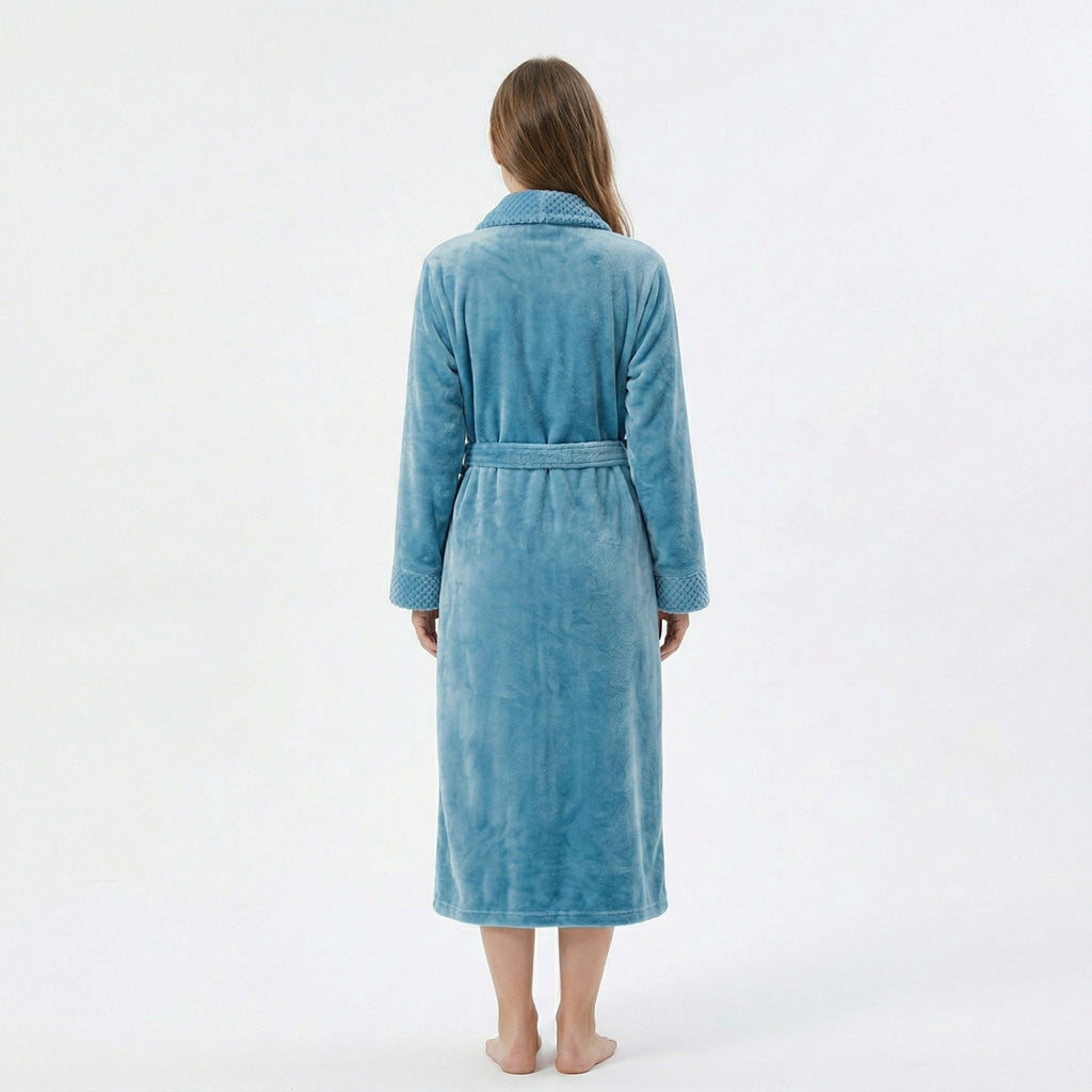 Anna-Kaci Plush Long Sleeve Shawl Collar Bathrobe with Waist Tie Belt and Front Patch Pockets