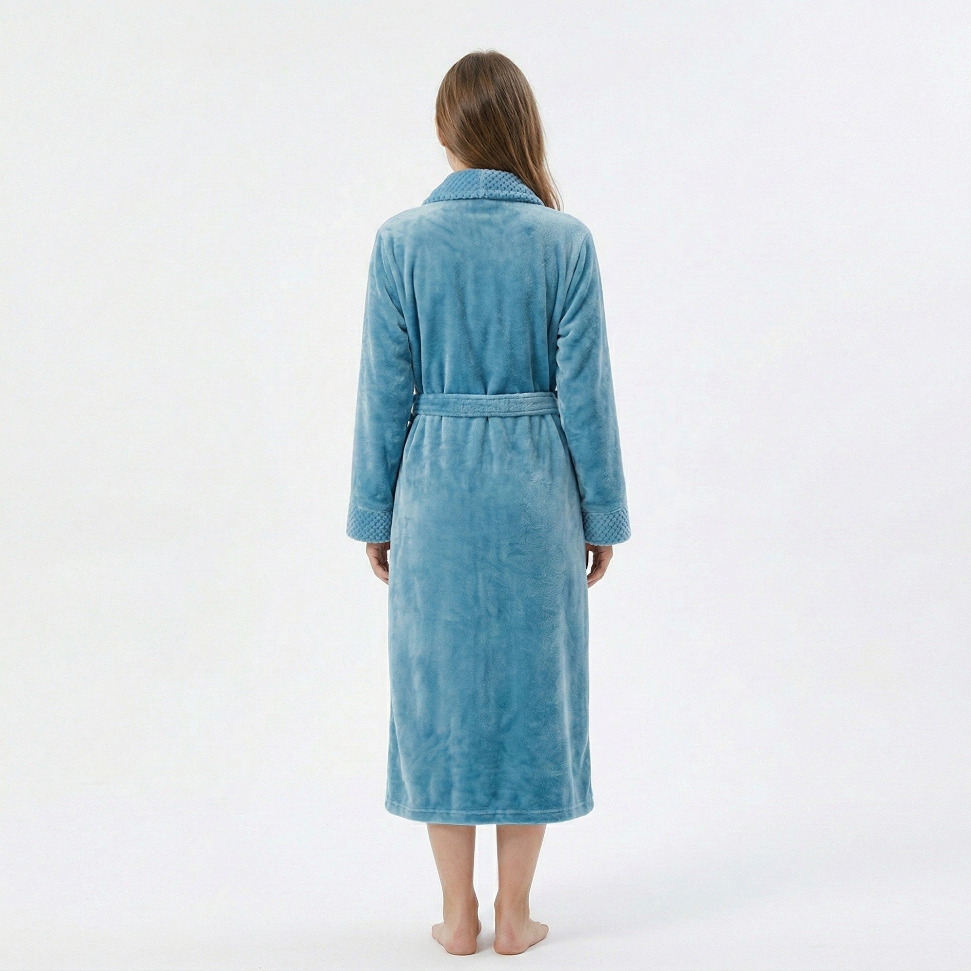 Anna-Kaci Plush Long Sleeve Shawl Collar Bathrobe with Waist Tie Belt and Front Patch Pockets