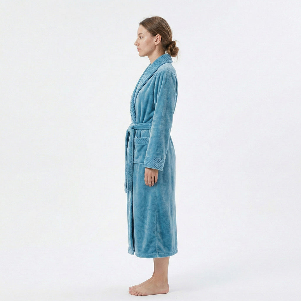 Anna-Kaci Plush Long Sleeve Shawl Collar Bathrobe with Waist Tie Belt and Front Patch Pockets