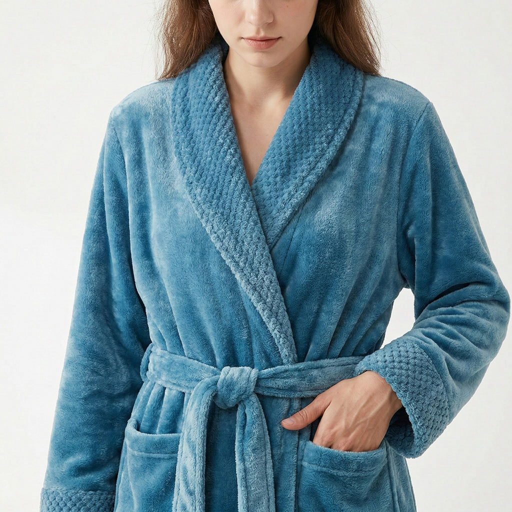 Anna-Kaci Plush Long Sleeve Shawl Collar Bathrobe with Waist Tie Belt and Front Patch Pockets