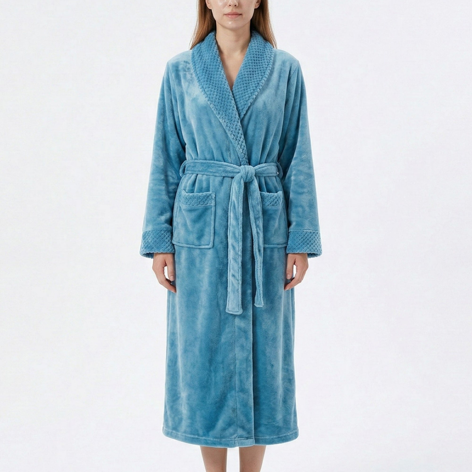 Anna-Kaci Plush Long Sleeve Shawl Collar Bathrobe with Waist Tie Belt and Front Patch Pockets