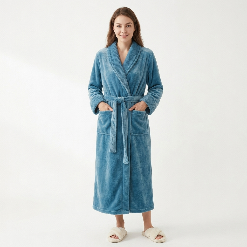 Plush Long Sleeve Shawl Collar Bathrobe with Waist Tie Belt and Front Patch Pockets