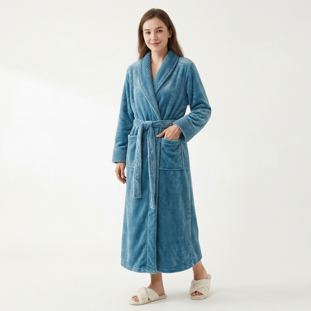 Plush Long Sleeve Shawl Collar Bathrobe with Waist Tie Belt and Front Patch Pockets