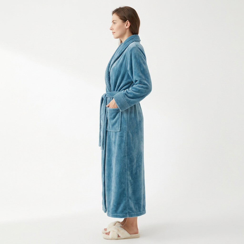 Plush Long Sleeve Shawl Collar Bathrobe with Waist Tie Belt and Front Patch Pockets